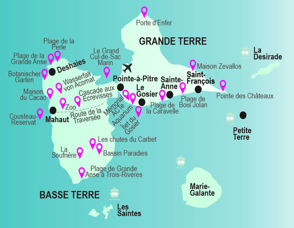 Guadeloupe Sehenswürdigkeiten Karte, Übersicht Highlights Guadeloupe für Paare und Familien mit Kindern