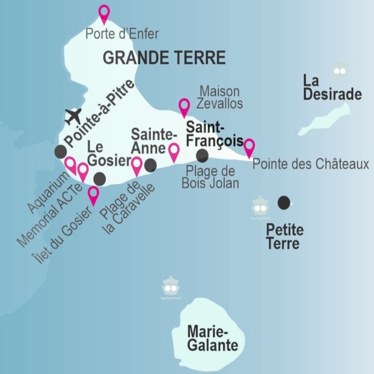 Guadeloupe Sehenswürdigkeiten Grande Terre Karte, Übersicht Highlights Guadeloupe, Schönste Strände Guadeloupe Karte