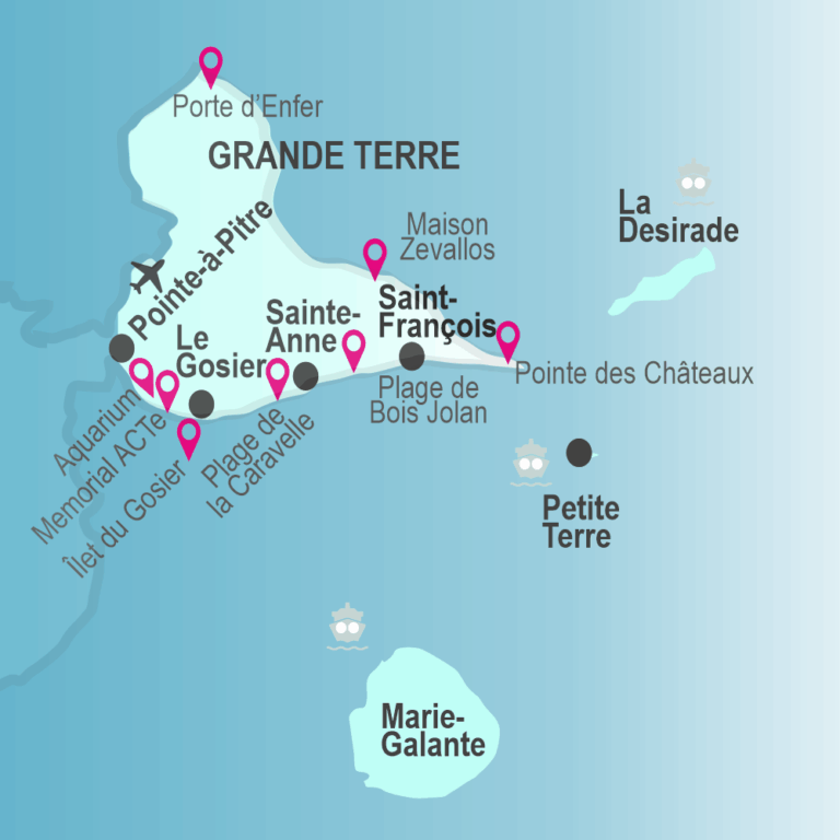 Guadeloupe Highlights 16 Guadeloupe Sehenswürdigkeiten Grande Terre Karte, Übersicht Highlights Guadeloupe, Guadeloupe Karte
